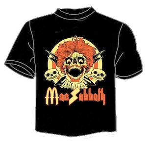 May include: Black t-shirt with an orange and yellow graphic of a skull with hair, lightning bolts, and the text "Black Sabbath".