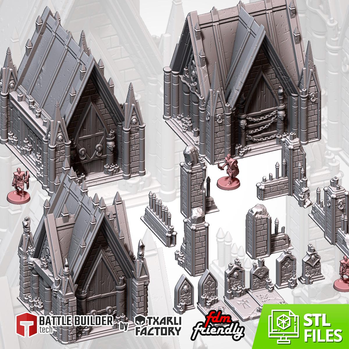 Graveyard - cemetery - church - miniature Terrain - RPG - Table Top Gaming - stone - ruble - Txarli Factory
