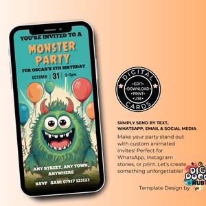 May include: A digital invitation for a monster party. The invitation features a green monster with horns and a big smile. The text on the invitation says "You're invited to a Monster Party for Oscar's 5th Birthday, October 31, 3-5pm".