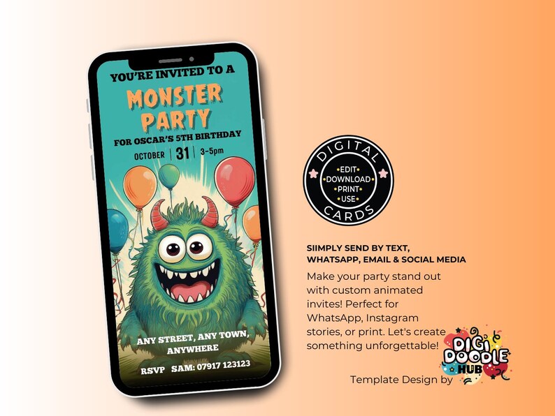 May include: A digital invitation for a monster party. The invitation features a green monster with horns and a big smile. The text on the invitation says "You're invited to a Monster Party for Oscar's 5th Birthday, October 31, 3-5pm".