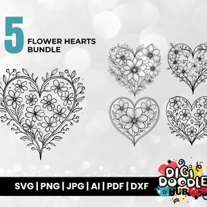 Flower Hearts SVG Bundle, Valentine&#39;s Heart Ink Sketch, Hand-Drawn Cut Files for Cricut & Silhouette. Instant download