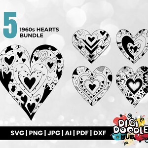 1960s Style Hearts SVG Bundle, Retro Heart Ink Sketch, Hand-Drawn Cut Files for Cricut & Silhouette. Instant download