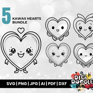 Cute Kawaii Hearts SVG Bundle, Cartoon Character Heart Ink Sketch, Hand-Drawn Cut Files for Cricut & Silhouette. Instant download