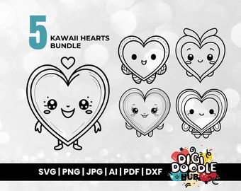 Kawaii Hearts SVG Bundle, Cute Cartoon Graphics (Digital Download)