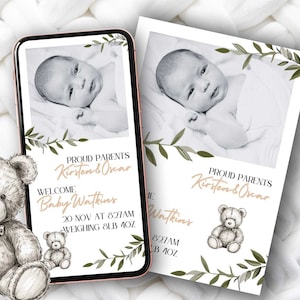 Baby Geburtsankündigung - Animierte, elektronische Babymitteilung für Neugeborene - Bearbeitbare Vorlage, digitale Schwangerschaftsankündigung