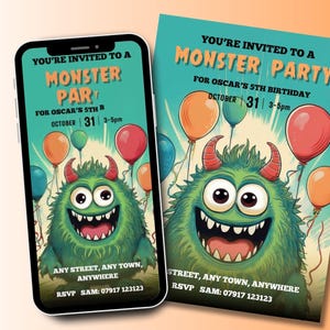 May include: A digital and printed invitation to a monster party for Oscar's 5th birthday. The invitation features a green monster with horns and a big smile, surrounded by colorful balloons. The text reads "You're invited to a Monster Party for Oscar's 5th Birthday, October 31, 3-5pm".