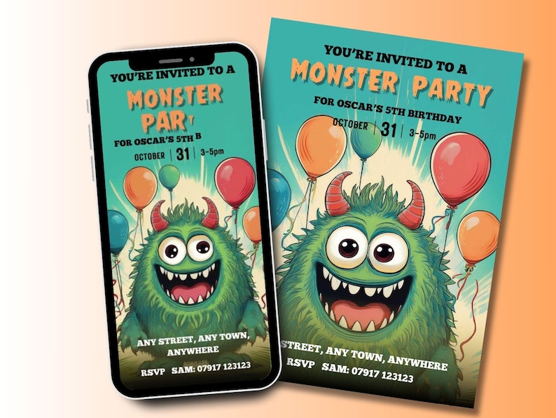 May include: A digital and printed invitation to a monster party for Oscar's 5th birthday. The invitation features a green monster with horns and a big smile, surrounded by colorful balloons. The text reads "You're invited to a Monster Party for Oscar's 5th Birthday, October 31, 3-5pm".