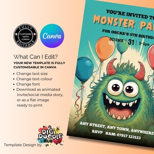 May include: A green monster with horns and a big smile is surrounded by colorful balloons. The text reads "You're invited to a Monster Party for Oscar's 5th Birthday, October 31, 3-5pm. Any Street, Any Town, Anywhere. RSVP Sam: 07917 123123."
