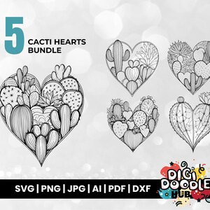 Kakteen Herzen SVG Bundle, Valentinstag Herz Tuschezeichnung, handgezeichnete Schnittdateien für Cricut & Silhouette. Sofortiger Download
