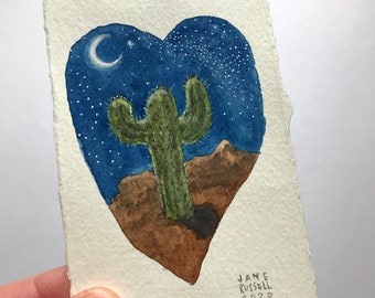 Moonlight Saguaro Original Tiny Watercolor Painting Valentine Wedding Free Shipping