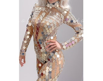 キラキラ輝くミラーモザイクボディスーツ：シルバーゴールドメタリック
