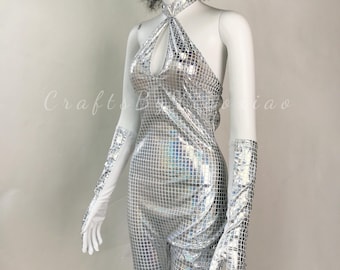 70s Disco Sequin Jumpsuit Set: Halter Neck, Flared Pants, Gloves & Sunglasses