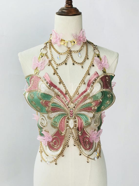 Embroidered Butterfly Festival Crop Top: Rhinestone & Chain Detail, Fits waist up to 100 cm
