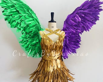 Mardi Gras Outfits - Purple & Green Feathered Wings with Golden Feather Dress - Perfect for Mardi Gras Festivities, Mardi Gras Party