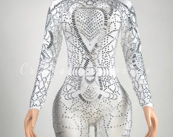 Rave Festival Bühne Weiß Jumpsuit - Glitzer Strass Mesh Bodysuit für EDM, Hair & Karneval Shows