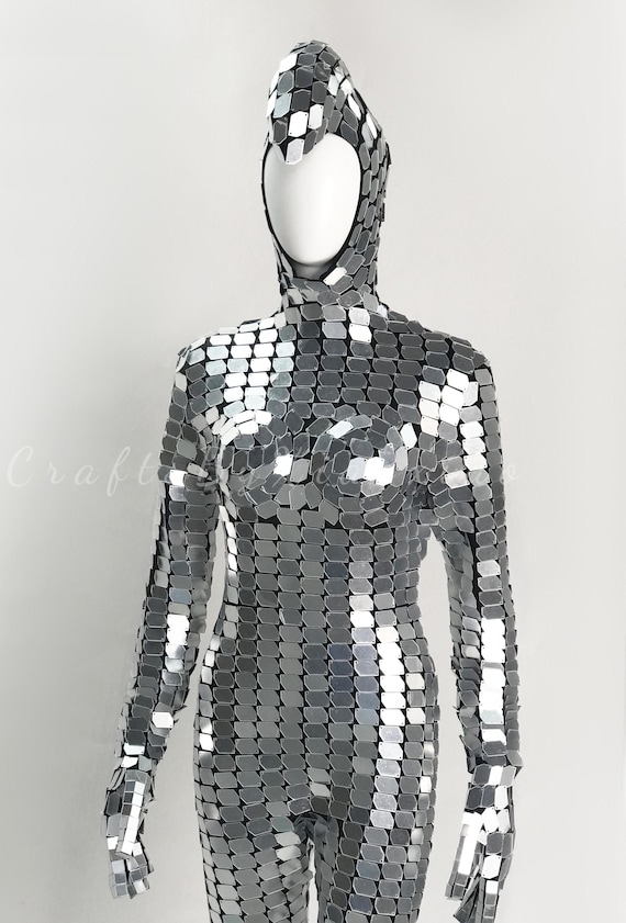 Spiegel Kettenhemd Overall: Futuristisches Silberschlangen Kostüm mit Maske & Handschuhe