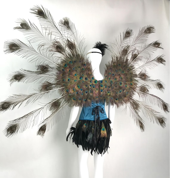 Vintage Peacock Costume Set, 1920s Flapper Burlesque Outfit, Christmas Party Dress, Peacock Blue Corset with Feather Skirt & Wings, Gatsby