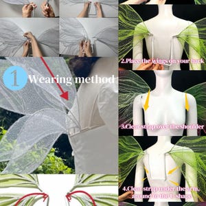 Op de afbeelding: Een set transparante, iriserende fee&euml;nvleugels met een U-vormig frame en doorzichtige bandjes. De instructiecollage toont de draagmethode en laat zien hoe de bandjes over de schouders en onder de armen worden bevestigd voor een stabiele pasvorm.