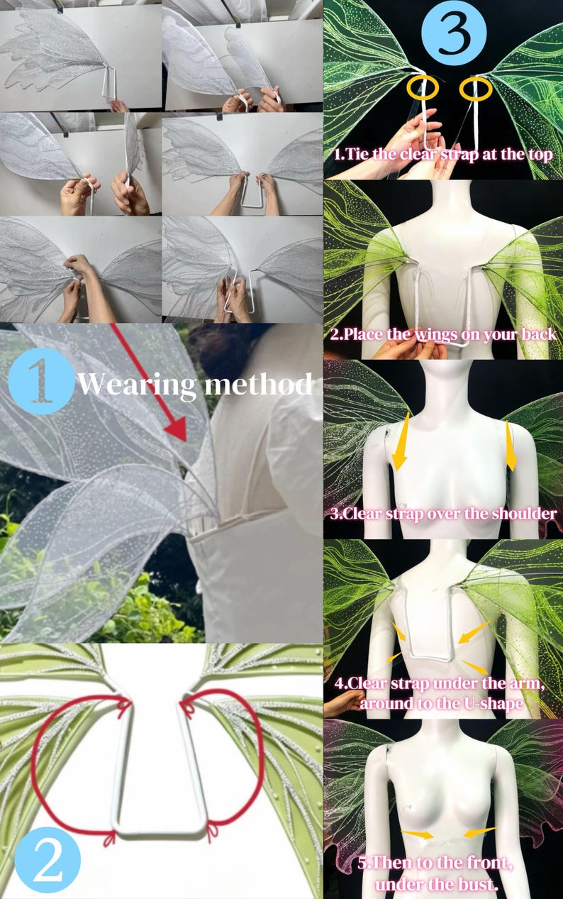 Op de afbeelding: Een set transparante, iriserende fee&euml;nvleugels met een U-vormig frame en doorzichtige bandjes. De instructiecollage toont de draagmethode en laat zien hoe de bandjes over de schouders en onder de armen worden bevestigd voor een stabiele pasvorm.