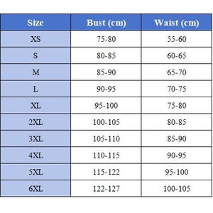 May include: A size chart table with three columns labeled Size, Bust (cm), and Waist (cm). The table lists sizes from XS to 6XL with corresponding bust measurements ranging from 75-80 cm to 122-127 cm and waist measurements from 55-60 cm to 100-105 cm.