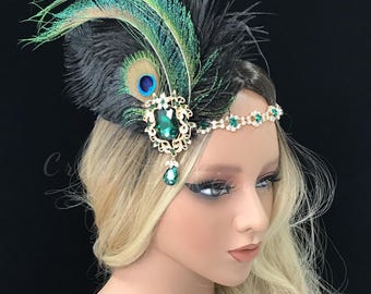 Gatsby Era Flapper Headband with Green Peacock Feather Accents, Vintage 1920s Inspired Hair Accessory for Weddings, Retro Theme Parties