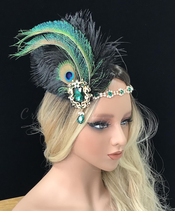 Gatsby Era Flapper Headband With Green Peacock Feather  display picture 1