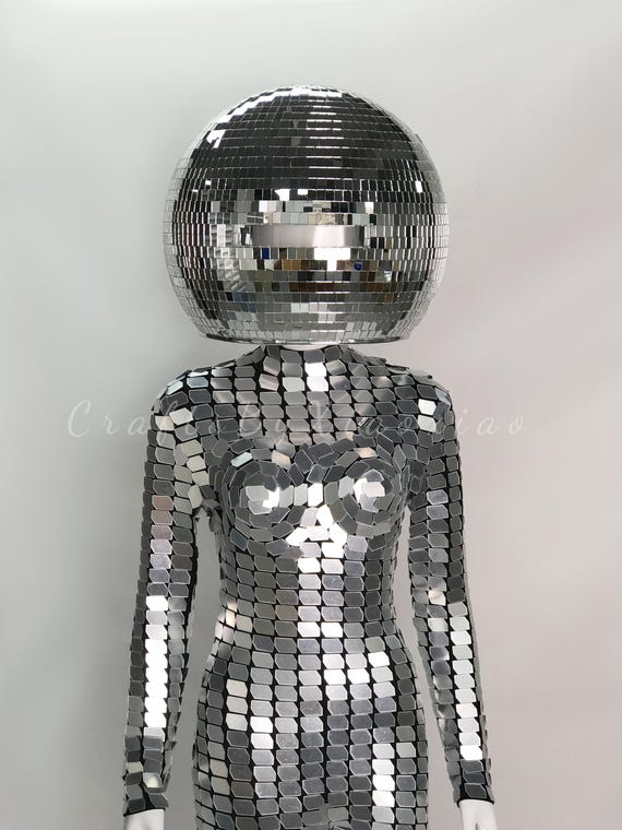 glitter ball fancy dress Silver Mirror Chainmail Jumpsuit With Disco Helmet: Futuristic Party Costume, Abba Stage Outfits Sparkly