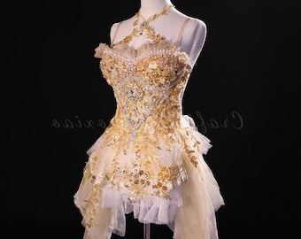 Gouden outfitset met borduurwerk met lovertjes, Burning Man-kostuum