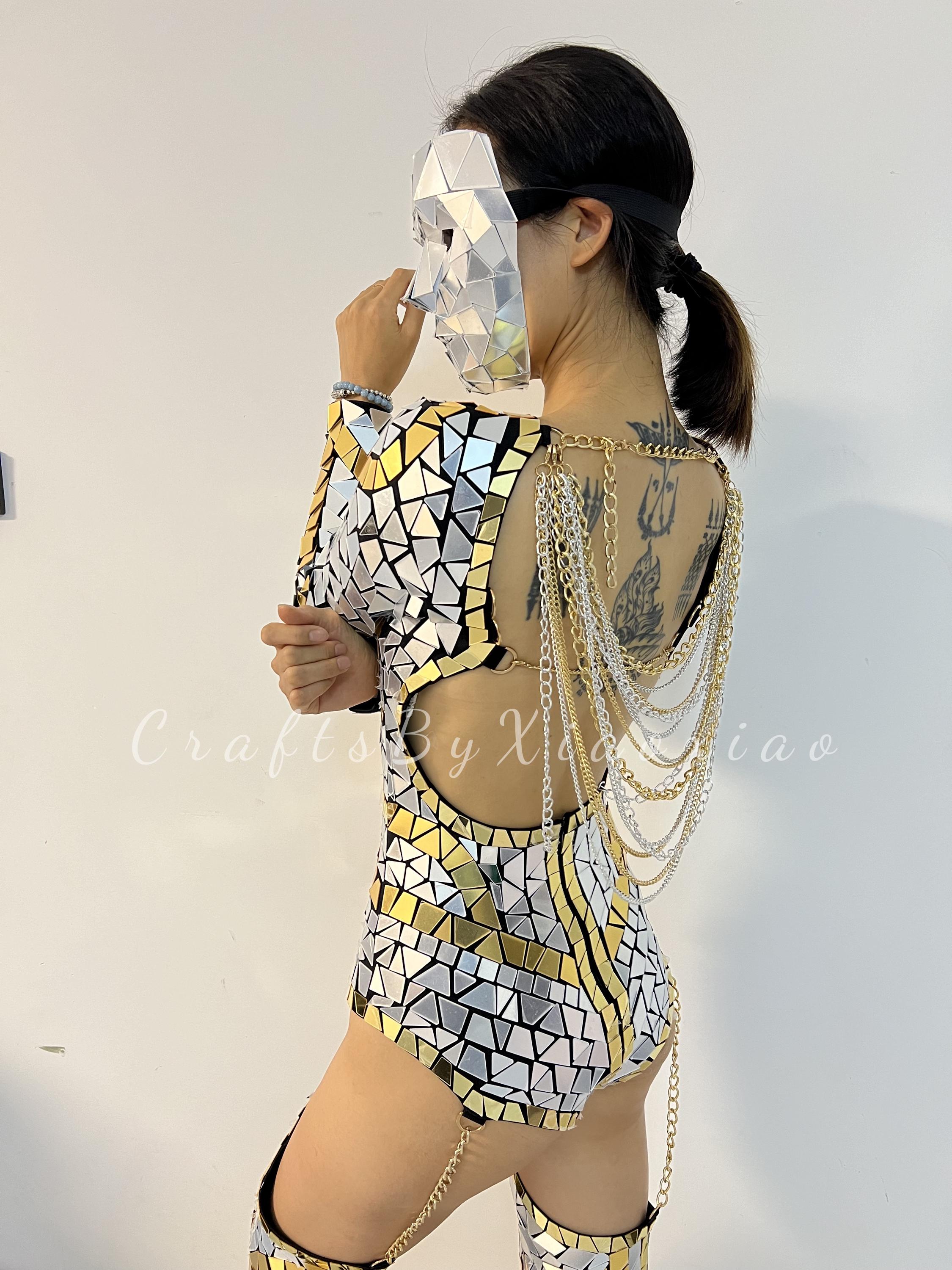 キラキラ輝くミラーモザイクボディスーツ：シルバーゴールドメタリック