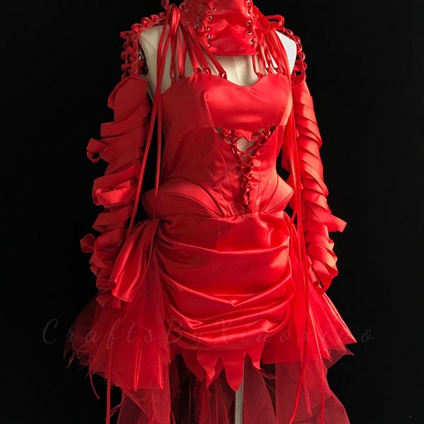 Red Lace Corset Gown, Gothic Stage Costume, Avant-Garde Red Dress