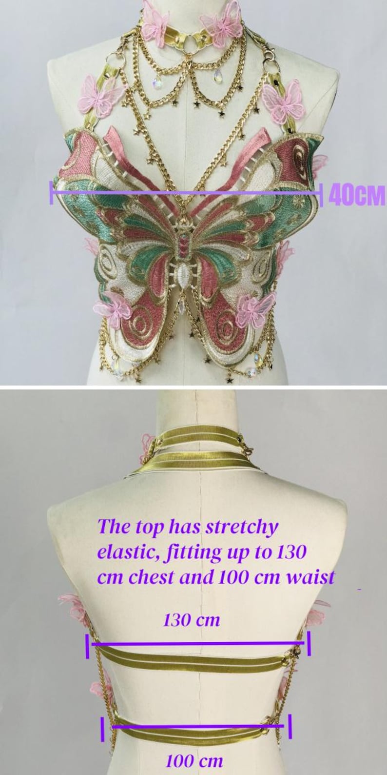 May include: A decorative top with a butterfly design. The top is adorned with pink and green embroidery, gold chains, and pink butterfly accents. The top fits up to a 51-inch chest and a 39-inch waist. The top is 16 inches in height.