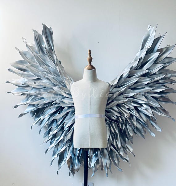 Gothic Angel Wings Costume: Silver Metallic Tulle Dress, Cosplay