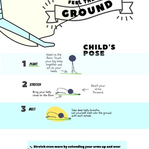 May include: Illustration of a child's pose yoga position with three steps: plant, stretch, and melt. The illustration shows a stick figure in each step. The text "Feel the Ground" is at the top of the image. The text "Child's Pose" is in the middle of the image.