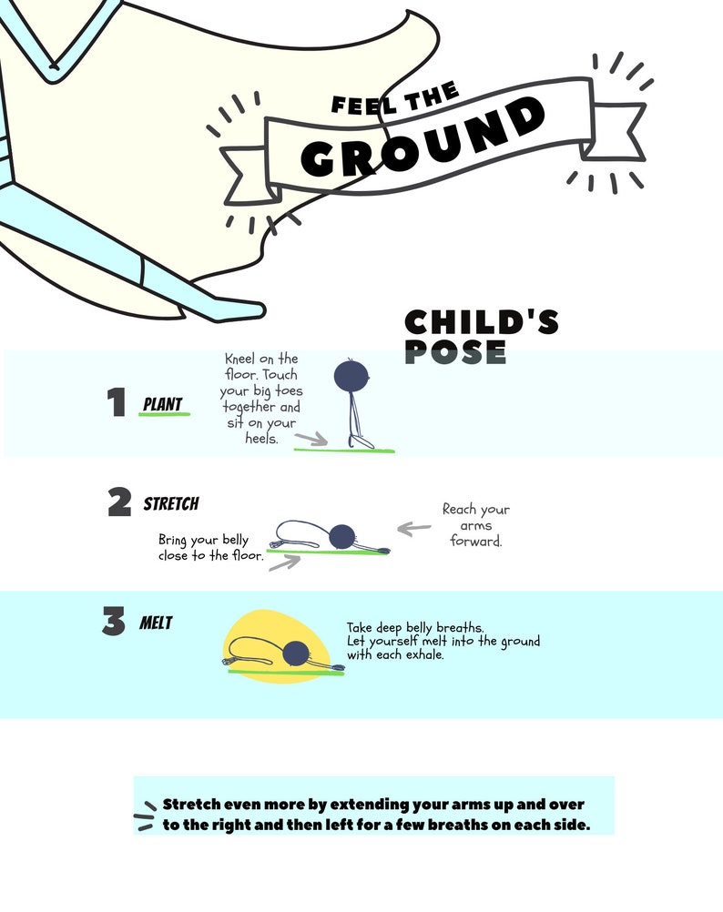 May include: Illustration of a child's pose yoga position with three steps: plant, stretch, and melt. The illustration shows a stick figure in each step. The text "Feel the Ground" is at the top of the image. The text "Child's Pose" is in the middle of the image.