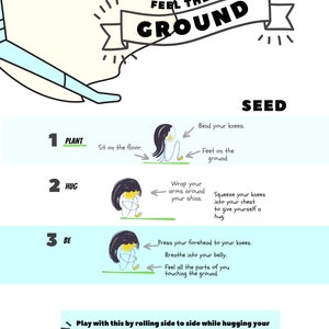 May include: A colorful illustration showing three steps to a seated exercise called "Feel the Ground Seed". The steps are labeled "Plant", "Hug", and "Be". Each step shows a person in a different position, with arrows and text describing the steps.