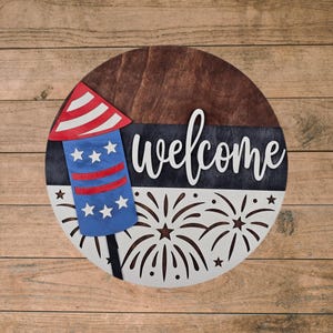 Patriotic Fireworks Welcome Sign | Custom 16&quot; or 18” Door Hanger | Handcrafted Summer Decor | Rustic Birch Wood with Fireworks & Rocket