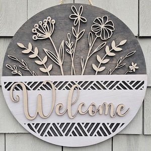 Personalized Floral Welcome Sign: Custom Wood Door Hanger, 16 + 18 Inch ...