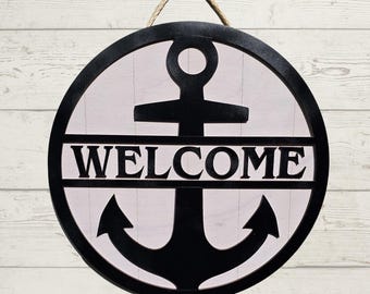 Personalized Nautical Anchor Welcome Door Sign, Handcrafted Birch Wood Decor