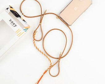 Beige gevlochten leren telefoonketting – vaste kast en band, aangepast crossbody-sleutelkoord, stijlvol cadeau, handgemaakt in Istanbul, N048