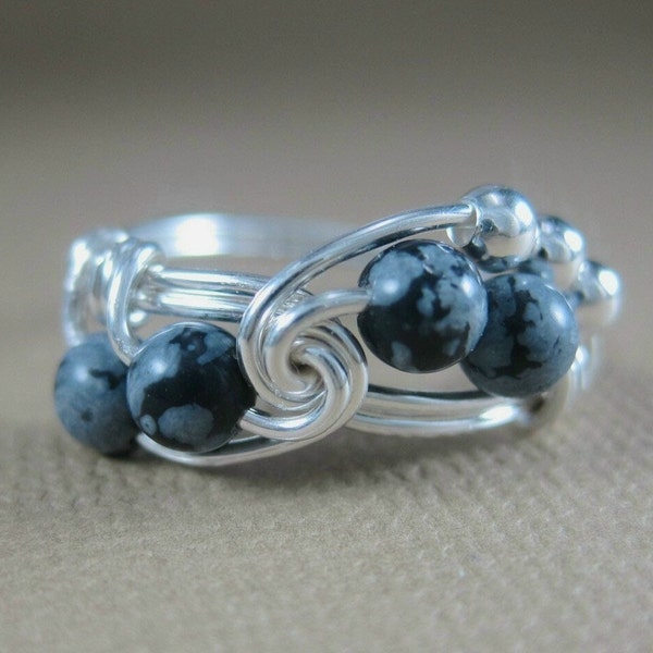 Wire Wrapped Ring Snowflake Obsidian and Sterling Silver Fibonacci