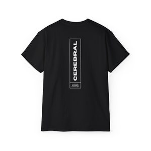 May include: Black t-shirt with a white vertical graphic that says "CEREBRAL" with the text "GRIMM CLOSET SINCE '24" underneath.