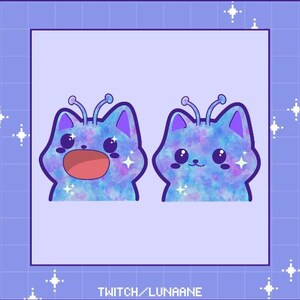 Op de afbeelding: Twee digitale illustraties van een katachtig wezen met antennes, voorzien van een blauwe en paarse aquareltextuur, sprankelende accenten en donkere omlijningen. De tekst TWITCH PNGTUBER en TWITCH/LUNAANE wordt weergegeven in een pixelachtig wit lettertype.