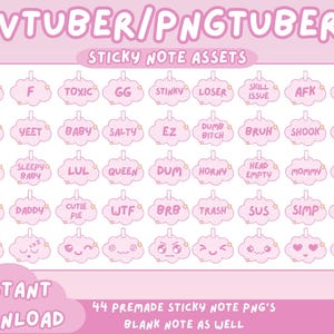 May include: A pink digital download graphic featuring sticky note assets for VTubers and PNGTubers. The notes are cloud-shaped with various text phrases like "LOL", "WTF", and "SUS". The image also includes the text "Instant Download".