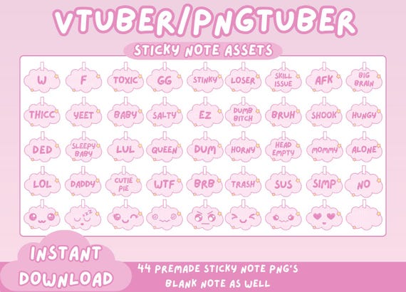 Pastel Pink Cloud Sticky Notes: Vtuber/PNGtuber Streaming Assets (PNG Digital Download)