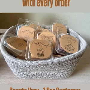 May include: A gray woven basket filled with wax melt samples. Each sample is in a clear plastic container with a brown label. The labels have illustrations and text such as "Frosted Pumpkin" and "Sweet Berry Pie". Text at the top reads "Free 1 oz Wax Melt Sample with every order".