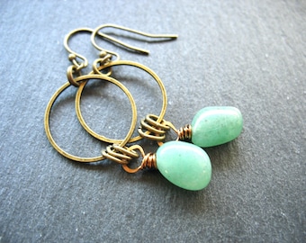 Green Aventurine Gemstone Birthstone Antiqued Brass Hoop Earrings Jewelry Handmade in USA