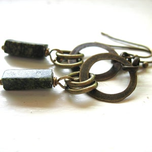 Serpentine Gemstone Metalwork Antiqued Brass Hoop Earrings Handmade in USA image 6