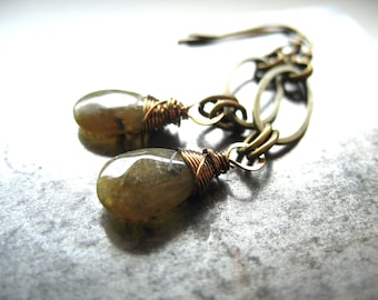 Faceted Labradorite Gemstone Antiqued Brass Hoop Earrings Jewelry Handmade in USA