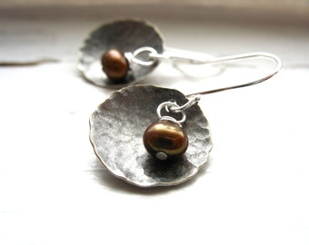 Pearl Earrings, Freshwater Pearl Dome Earrings, Copper Pearl Oxidized Hammered Silver Dome Earrings