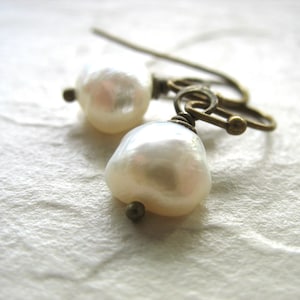 White Freshwater Pearl Earrings Antiqued Brass Jewelry Handmade in USA